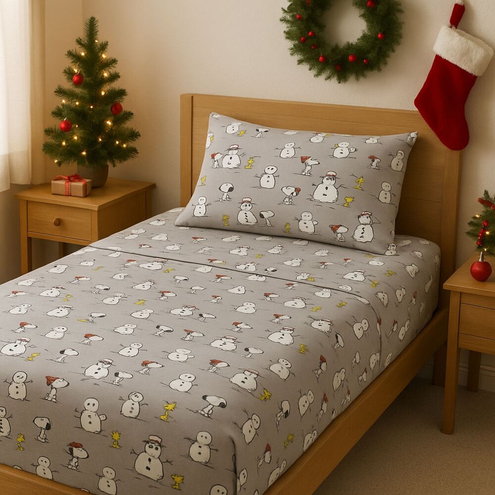 Peanuts Snoopy Full Size Sheet Set Snowman Print Winter Holiday One Pillowcase